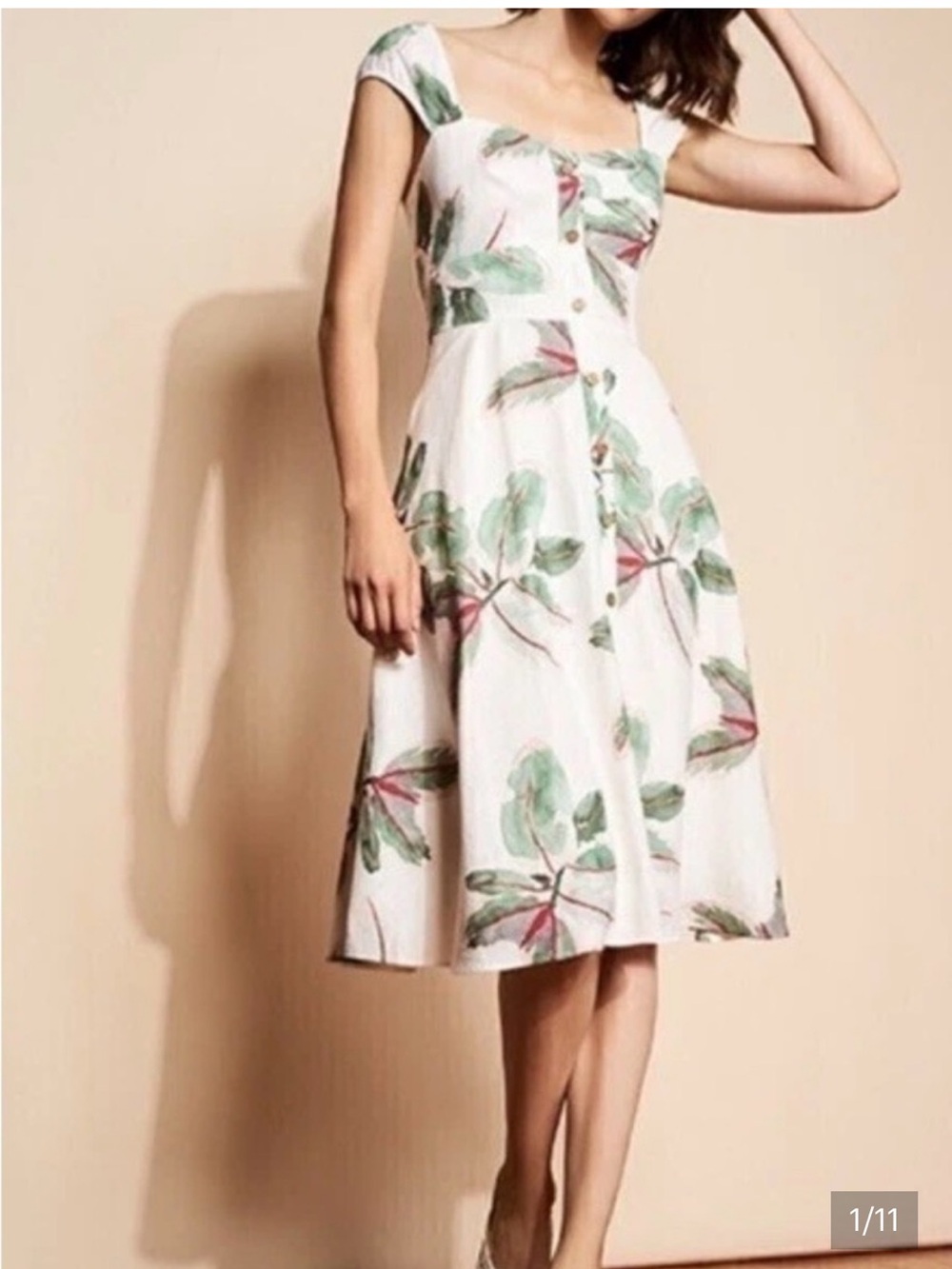 Hutch White Midi Dress with Green and Pink Leaf Motif Size 12